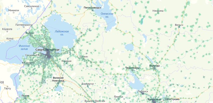 Зона покрытия МТС на карте Череповец 